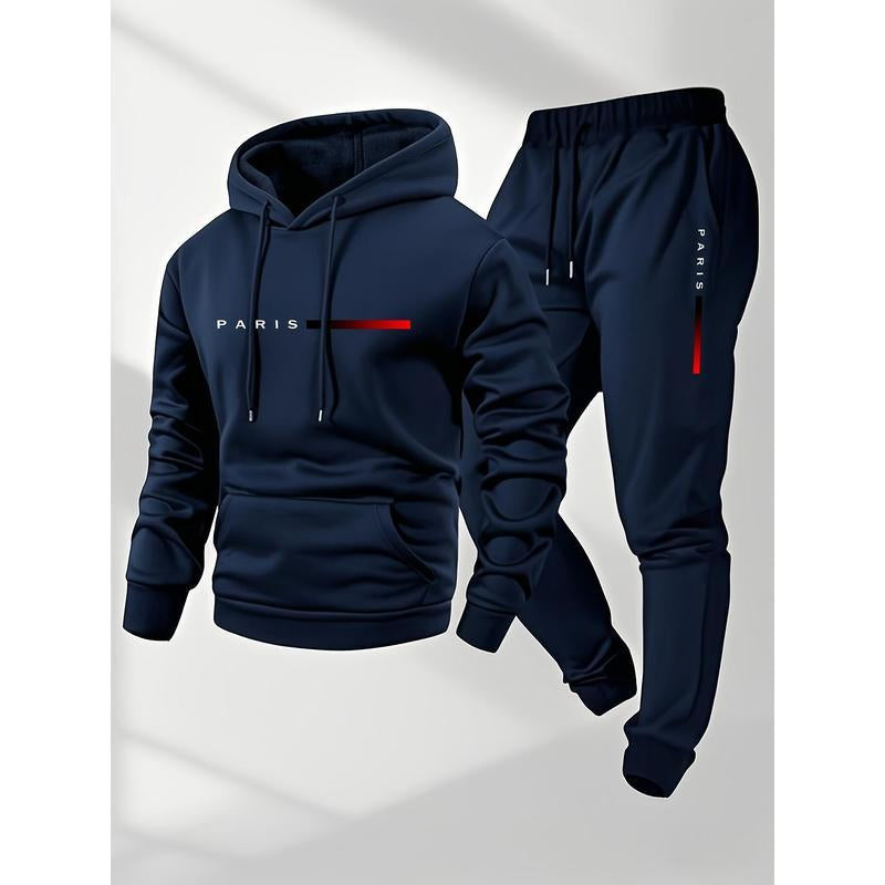 Men'S Paris Letter Printed Hoodie and Drawstring Sweatpants Set, Menswear, Casual Athletic Long Sleeve Hooded Jacket & Trousers for Fall & Winter, Men'S Clothing for Daily Wear, Sportswear Indoor Outdoor, Tracksuit, Athleisure Summer Clothes