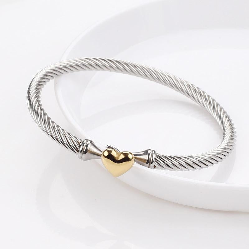 Uptown Girl Heart Cable Two Tone Bracelet in Stainless Steel with Gold Heart Accent Elegant Minimalist Bangle Waterproof Hypoallergenic 59Mm Diameter