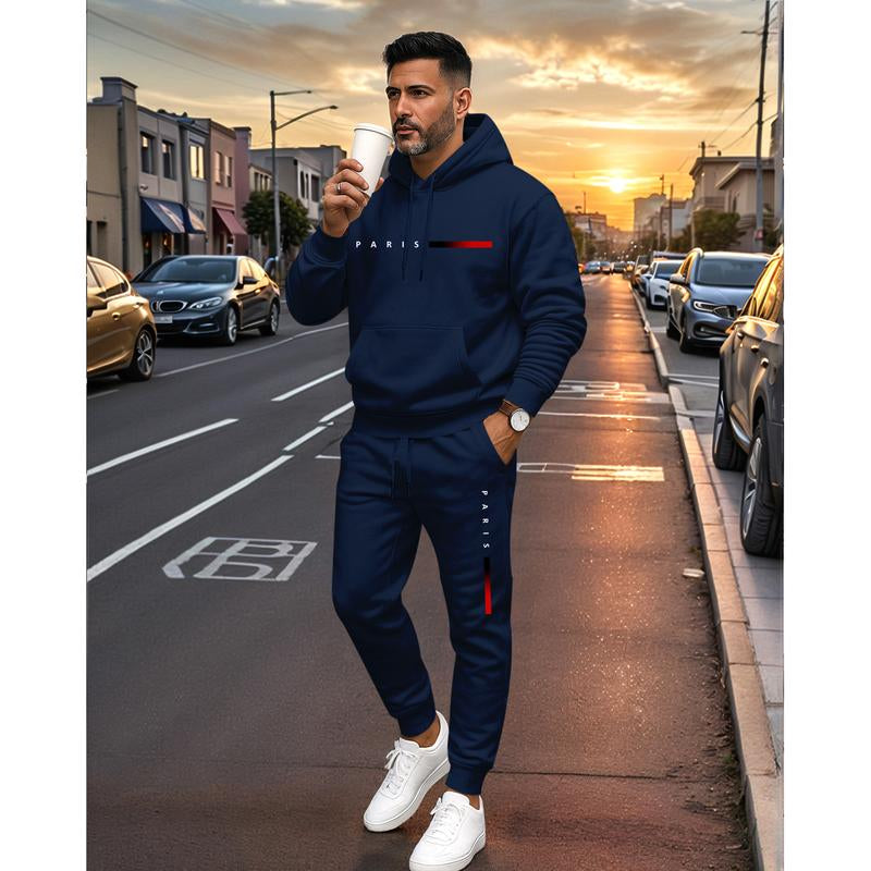 Men'S Paris Letter Printed Hoodie and Drawstring Sweatpants Set, Menswear, Casual Athletic Long Sleeve Hooded Jacket & Trousers for Fall & Winter, Men'S Clothing for Daily Wear, Sportswear Indoor Outdoor, Tracksuit, Athleisure Summer Clothes
