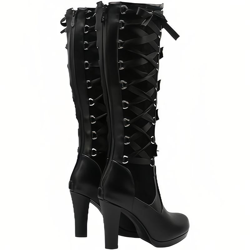 Women'S Black Knee High Boots Pointed Toe Punk Boots Chunky Platform Goth Combat Boots with Buckle Lace up Boots Boots for Fall