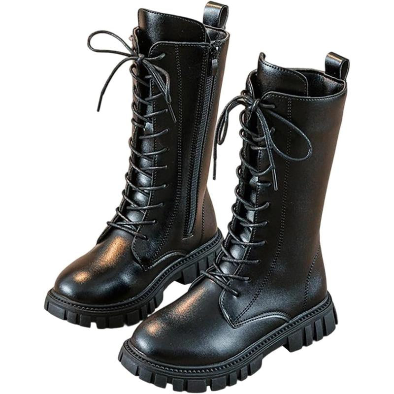 Kpop Demon Hunters Lace up Riding Boots Mid Calf Combat Boots Lace up Riding Boots Mid Calf Combat Boots PU Leather Side Zipper Punk Goth Boot Halloween Gift