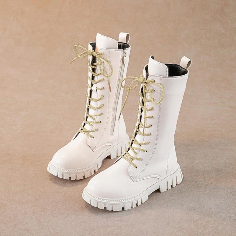Kpop Demon Hunters Lace up Riding Boots Mid Calf Combat Boots Lace up Riding Boots Mid Calf Combat Boots PU Leather Side Zipper Punk Goth Boot Halloween Gift