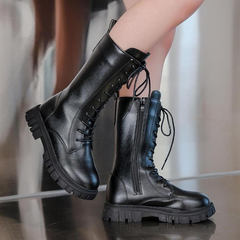Kpop Demon Hunters Lace up Riding Boots Mid Calf Combat Boots Lace up Riding Boots Mid Calf Combat Boots PU Leather Side Zipper Punk Goth Boot Halloween Gift