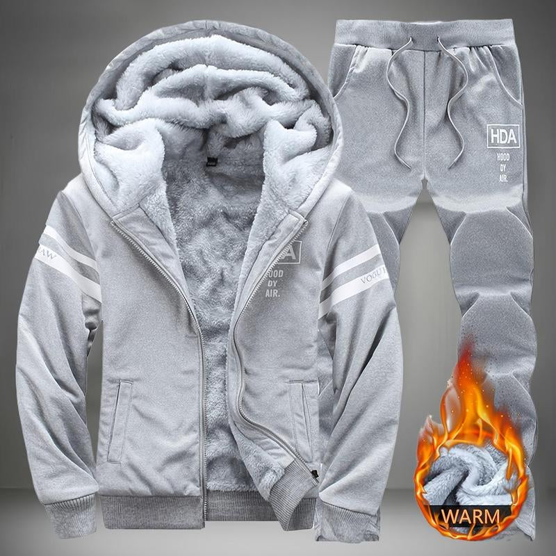 Men'S Winter Thick Warm Hooded Sweatshirt and Pants Two-Piece Casual Set