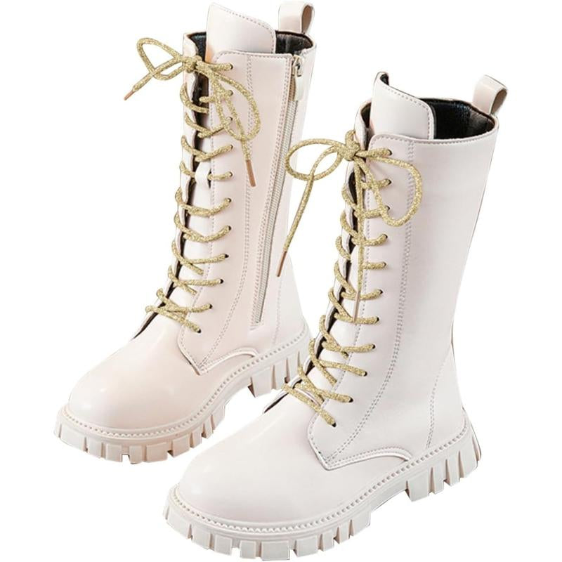 Kpop Demon Hunters Lace up Riding Boots Mid Calf Combat Boots Lace up Riding Boots Mid Calf Combat Boots PU Leather Side Zipper Punk Goth Boot Halloween Gift