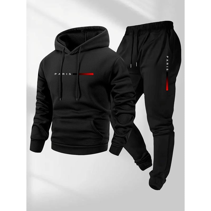 Men'S Paris Letter Printed Hoodie and Drawstring Sweatpants Set, Menswear, Casual Athletic Long Sleeve Hooded Jacket & Trousers for Fall & Winter, Men'S Clothing for Daily Wear, Sportswear Indoor Outdoor, Tracksuit, Athleisure Summer Clothes