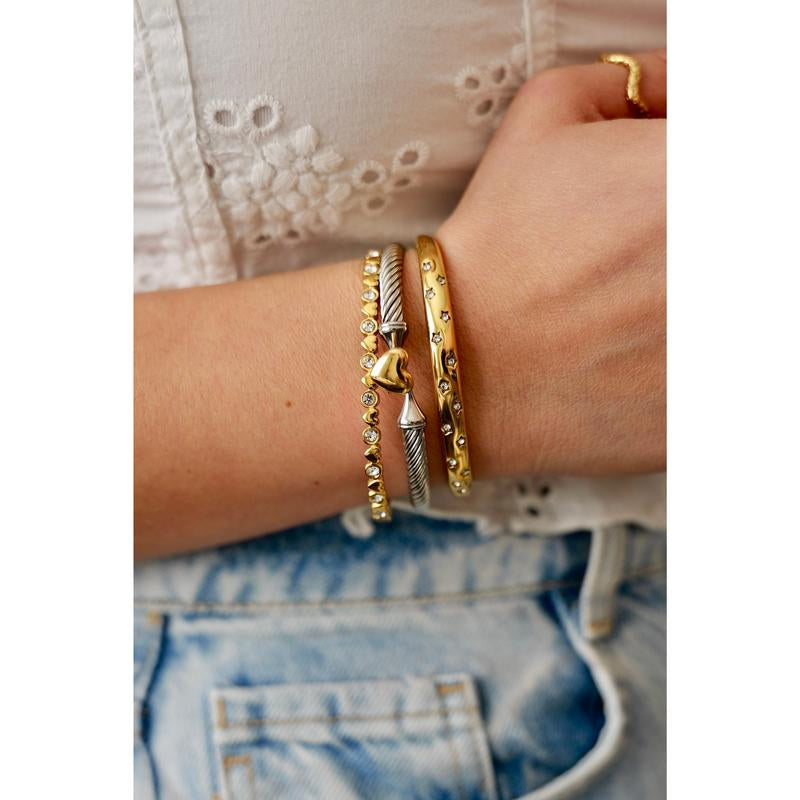 Uptown Girl Heart Cable Two Tone Bracelet in Stainless Steel with Gold Heart Accent Elegant Minimalist Bangle Waterproof Hypoallergenic 59Mm Diameter