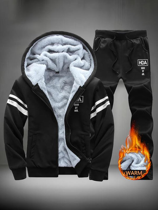 Men'S Winter Thick Warm Hooded Sweatshirt and Pants Two-Piece Casual Set
