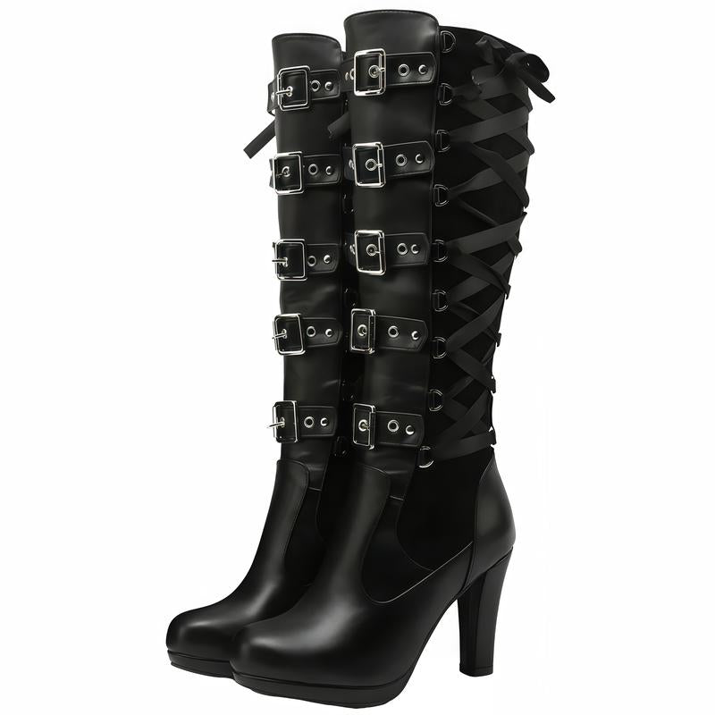 Women'S Black Knee High Boots Pointed Toe Punk Boots Chunky Platform Goth Combat Boots with Buckle Lace up Boots Boots for Fall