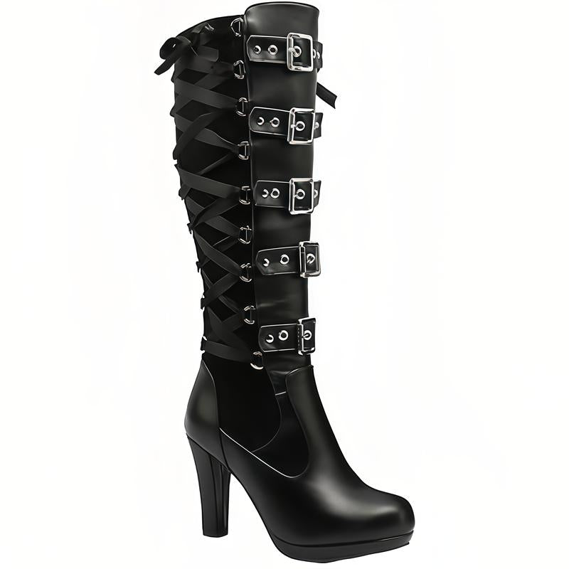 Women'S Black Knee High Boots Pointed Toe Punk Boots Chunky Platform Goth Combat Boots with Buckle Lace up Boots Boots for Fall