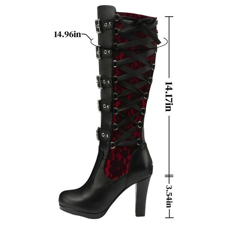 Women'S Black Knee High Boots Pointed Toe Punk Boots Chunky Platform Goth Combat Boots with Buckle Lace up Boots Boots for Fall