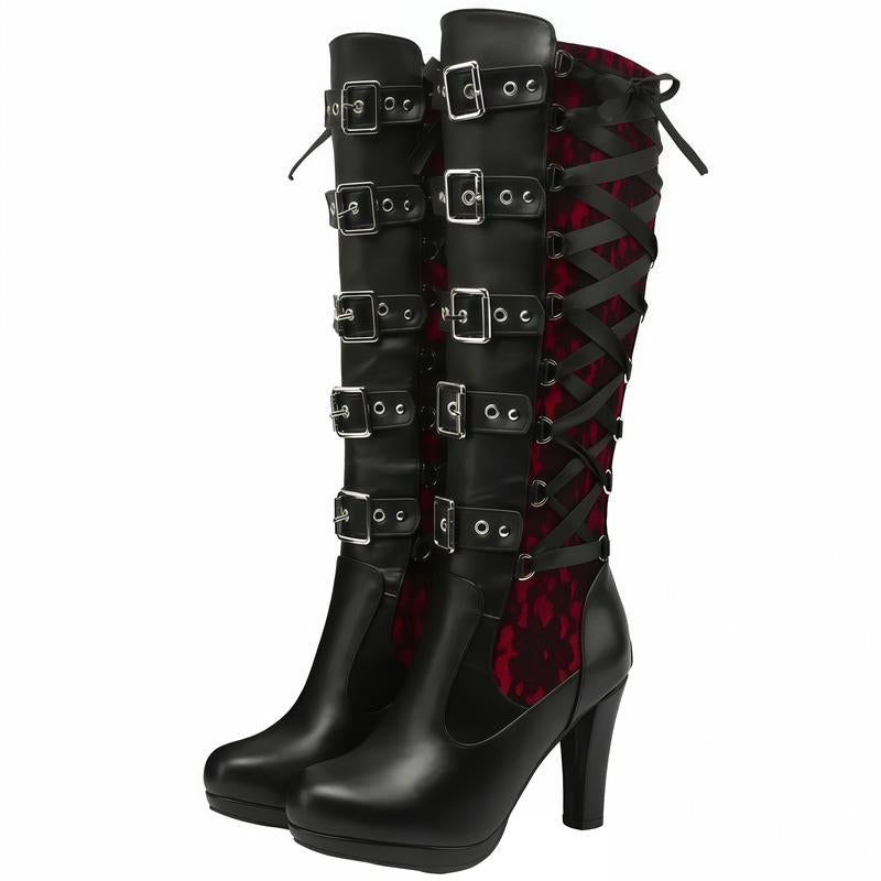Women'S Black Knee High Boots Pointed Toe Punk Boots Chunky Platform Goth Combat Boots with Buckle Lace up Boots Boots for Fall