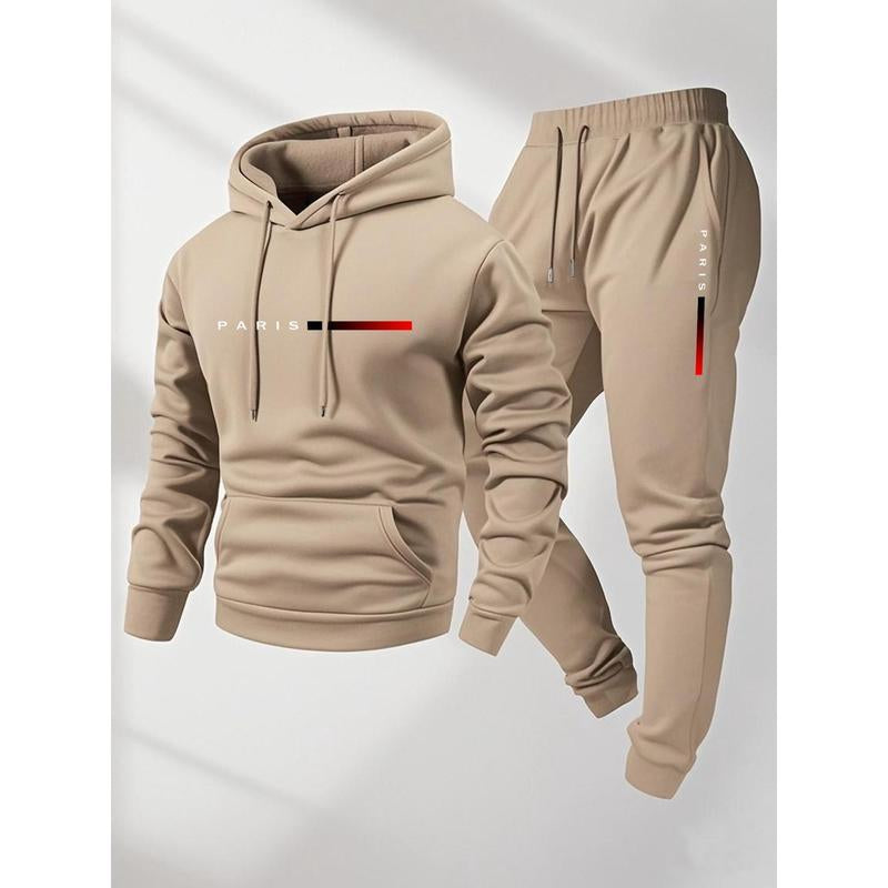 Men'S Paris Letter Printed Hoodie and Drawstring Sweatpants Set, Menswear, Casual Athletic Long Sleeve Hooded Jacket & Trousers for Fall & Winter, Men'S Clothing for Daily Wear, Sportswear Indoor Outdoor, Tracksuit, Athleisure Summer Clothes