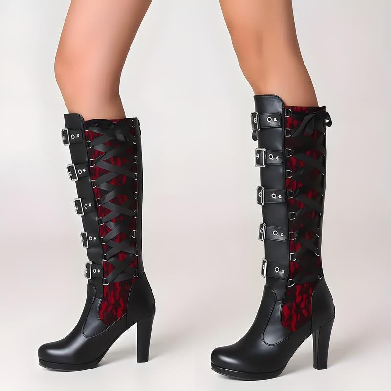 Women'S Black Knee High Boots Pointed Toe Punk Boots Chunky Platform Goth Combat Boots with Buckle Lace up Boots Boots for Fall