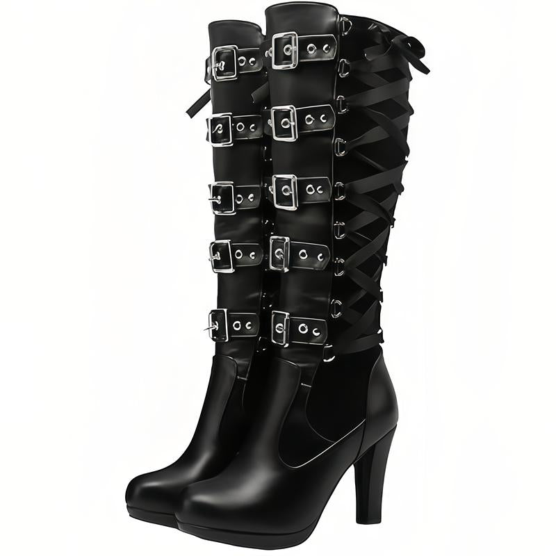 Women'S Black Knee High Boots Pointed Toe Punk Boots Chunky Platform Goth Combat Boots with Buckle Lace up Boots Boots for Fall
