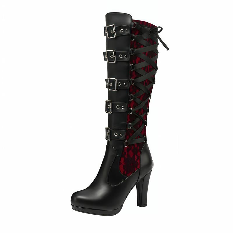 Women'S Black Knee High Boots Pointed Toe Punk Boots Chunky Platform Goth Combat Boots with Buckle Lace up Boots Boots for Fall
