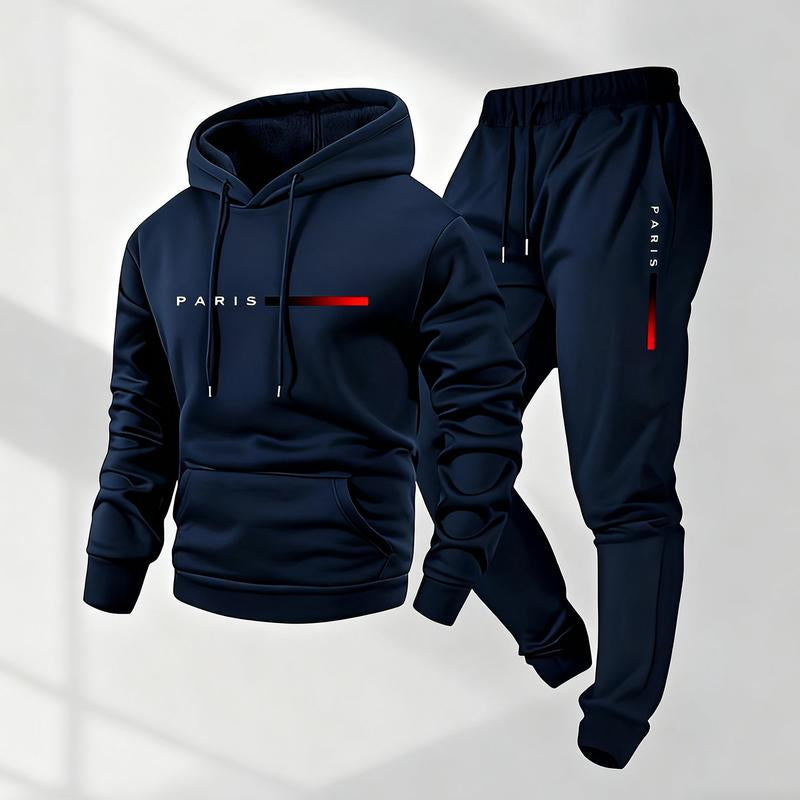 Men'S Paris Letter Printed Hoodie and Drawstring Sweatpants Set, Menswear, Casual Athletic Long Sleeve Hooded Jacket & Trousers for Fall & Winter, Men'S Clothing for Daily Wear, Sportswear Indoor Outdoor, Tracksuit, Athleisure Summer Clothes