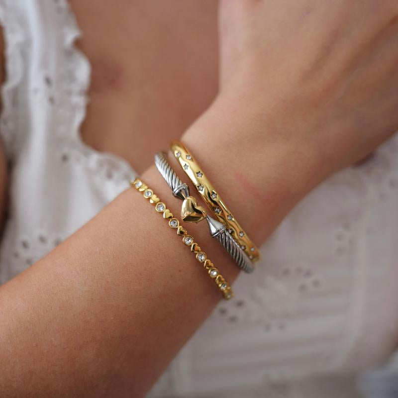 Uptown Girl Heart Cable Two Tone Bracelet in Stainless Steel with Gold Heart Accent Elegant Minimalist Bangle Waterproof Hypoallergenic 59Mm Diameter