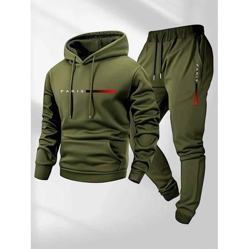 Men'S Paris Letter Printed Hoodie and Drawstring Sweatpants Set, Menswear, Casual Athletic Long Sleeve Hooded Jacket & Trousers for Fall & Winter, Men'S Clothing for Daily Wear, Sportswear Indoor Outdoor, Tracksuit, Athleisure Summer Clothes