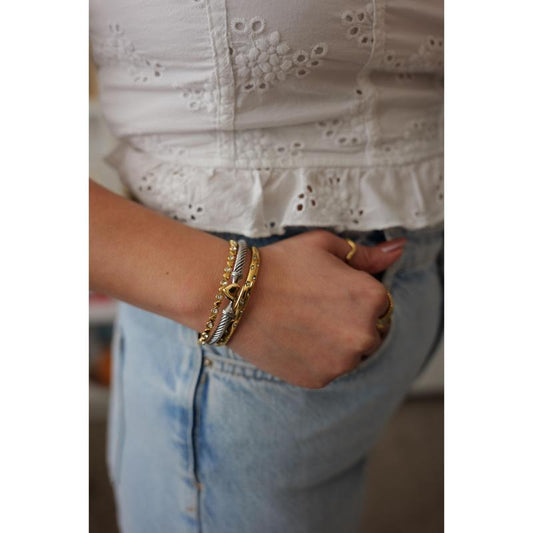 Uptown Girl Heart Cable Two Tone Bracelet in Stainless Steel with Gold Heart Accent Elegant Minimalist Bangle Waterproof Hypoallergenic 59Mm Diameter