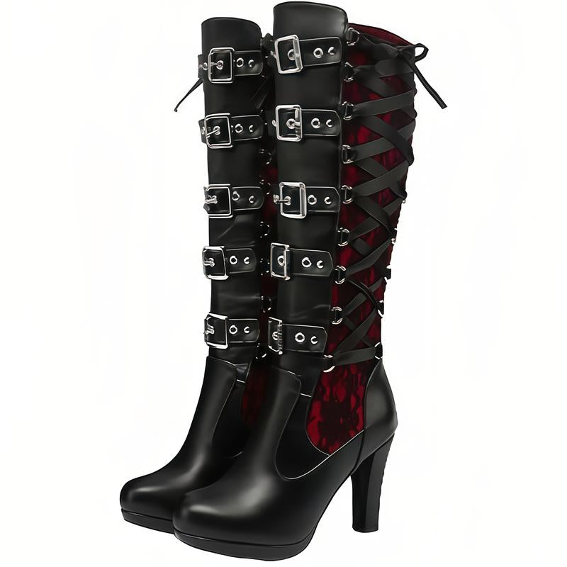 Women'S Black Knee High Boots Pointed Toe Punk Boots Chunky Platform Goth Combat Boots with Buckle Lace up Boots Boots for Fall