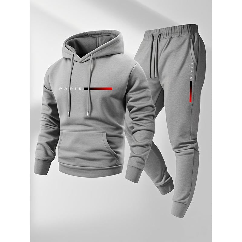 Men'S Paris Letter Printed Hoodie and Drawstring Sweatpants Set, Menswear, Casual Athletic Long Sleeve Hooded Jacket & Trousers for Fall & Winter, Men'S Clothing for Daily Wear, Sportswear Indoor Outdoor, Tracksuit, Athleisure Summer Clothes