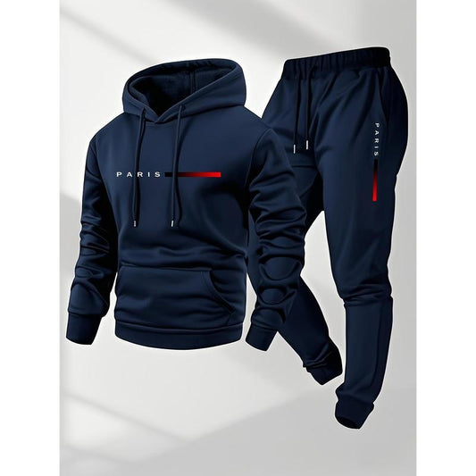 Men'S Paris Letter Printed Hoodie and Drawstring Sweatpants Set, Menswear, Casual Athletic Long Sleeve Hooded Jacket & Trousers for Fall & Winter, Men'S Clothing for Daily Wear, Sportswear Indoor Outdoor, Tracksuit, Athleisure Summer Clothes