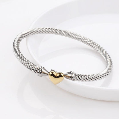 Uptown Girl Heart Cable Two Tone Bracelet in Stainless Steel with Gold Heart Accent Elegant Minimalist Bangle Waterproof Hypoallergenic 59Mm Diameter