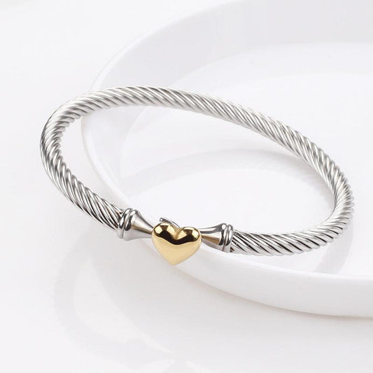 Uptown Girl Heart Cable Two Tone Bracelet in Stainless Steel with Gold Heart Accent Elegant Minimalist Bangle Waterproof Hypoallergenic 59Mm Diameter