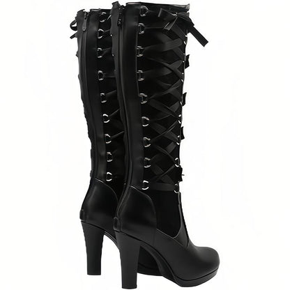 Women'S Black Knee High Boots Pointed Toe Punk Boots Chunky Platform Goth Combat Boots with Buckle Lace up Boots Boots for Fall