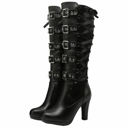 Women'S Black Knee High Boots Pointed Toe Punk Boots Chunky Platform Goth Combat Boots with Buckle Lace up Boots Boots for Fall