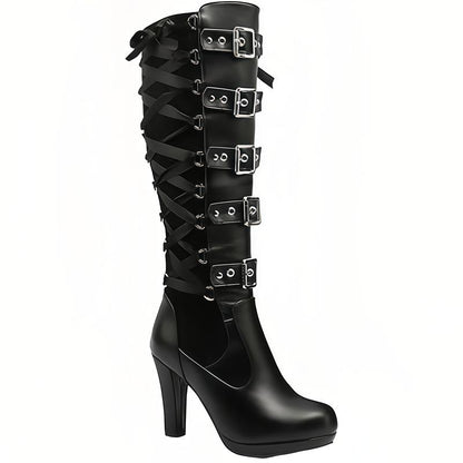 Women'S Black Knee High Boots Pointed Toe Punk Boots Chunky Platform Goth Combat Boots with Buckle Lace up Boots Boots for Fall