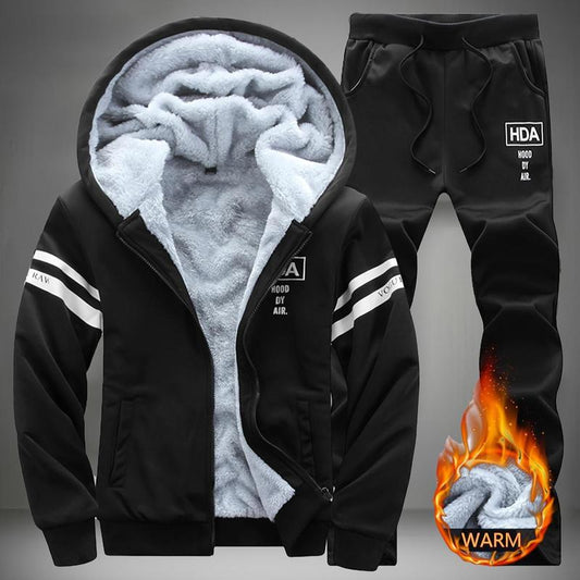 Men'S Winter Thick Warm Hooded Sweatshirt and Pants Two-Piece Casual Set