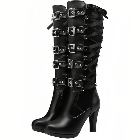 Women'S Black Knee High Boots Pointed Toe Punk Boots Chunky Platform Goth Combat Boots with Buckle Lace up Boots Boots for Fall